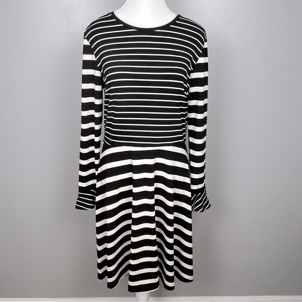 NWT Loft rayon spandex blend jersey knit black white stripe dress, size 6.